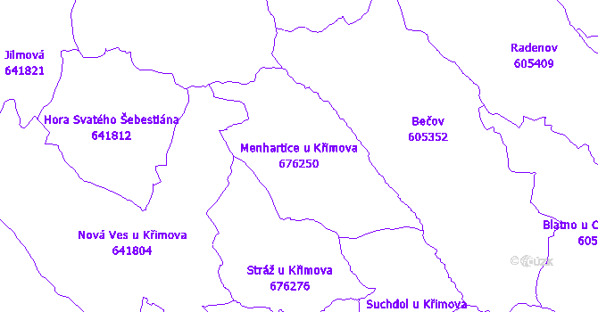Katastrální mapa Menhartice u Křimova - přehledová mapa katastrálního území