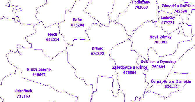 Katastrální mapa Křinec - přehledová mapa katastrálního území