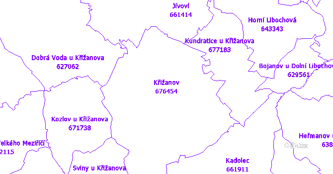 Katastrální mapa Křižanov - přehledová mapa katastrálního území
