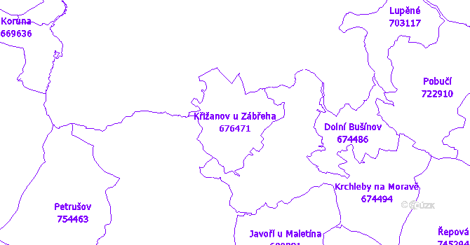 Katastrální mapa Křižanov u Zábřeha - přehledová mapa katastrálního území