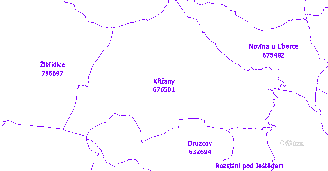 Katastrální mapa Křižany - přehledová mapa katastrálního území