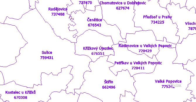 Katastrální mapa Křížkový Újezdec - přehledová mapa katastrálního území