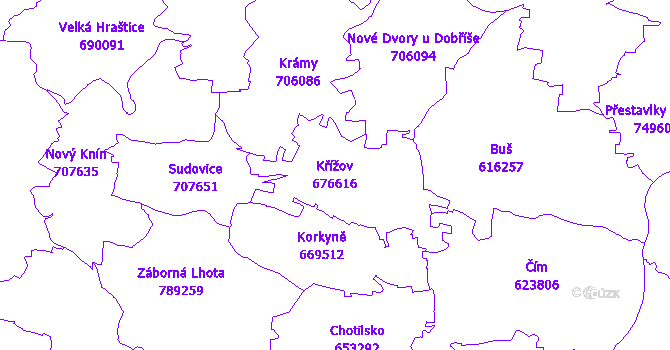 Katastrální mapa Křížov - přehledová mapa katastrálního území