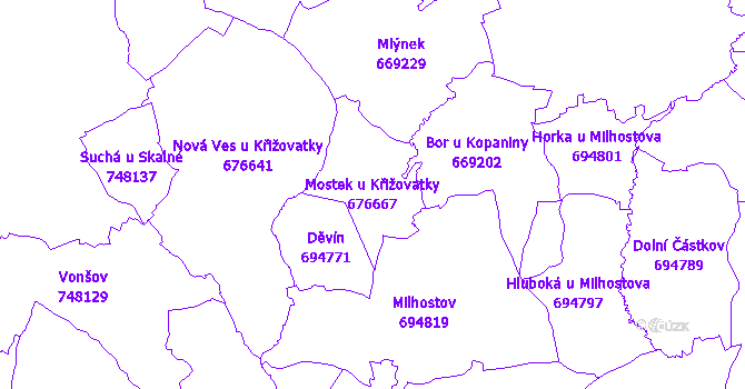 Katastrální mapa Mostek u Křižovatky - přehledová mapa katastrálního území