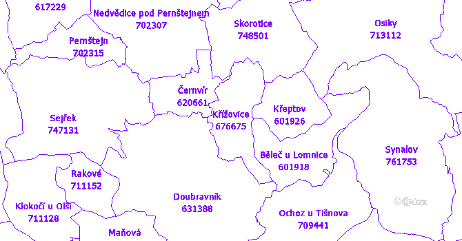 Katastrální mapa Křížovice - přehledová mapa katastrálního území