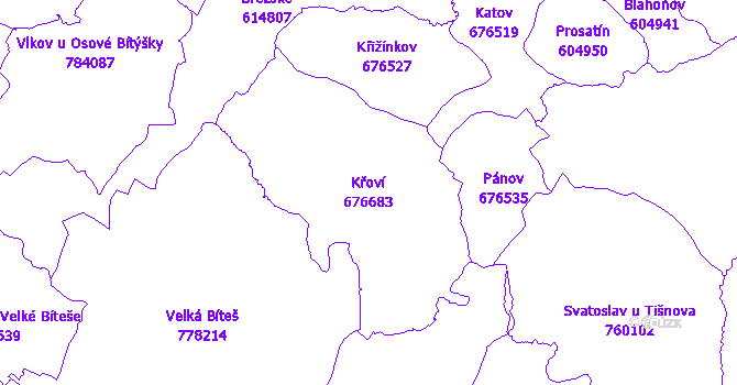 Katastrální mapa Křoví - přehledová mapa katastrálního území