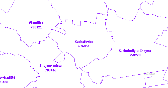 Katastrální mapa Kuchařovice - přehledová mapa katastrálního území