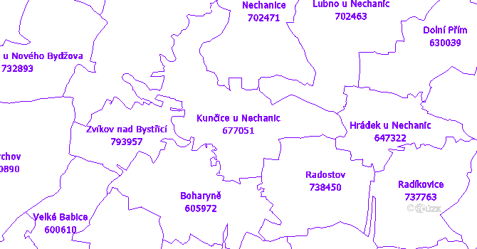 Katastrální mapa Kunčice u Nechanic - přehledová mapa katastrálního území