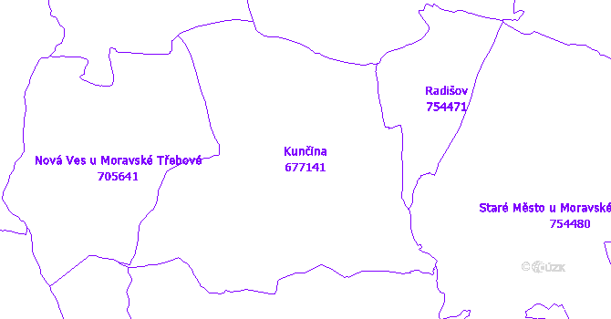Katastrální mapa Kunčina - přehledová mapa katastrálního území