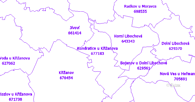 Katastrální mapa Kundratice u Křižanova - přehledová mapa katastrálního území