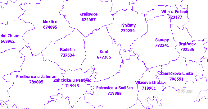 Katastrální mapa Kuní - přehledová mapa katastrálního území