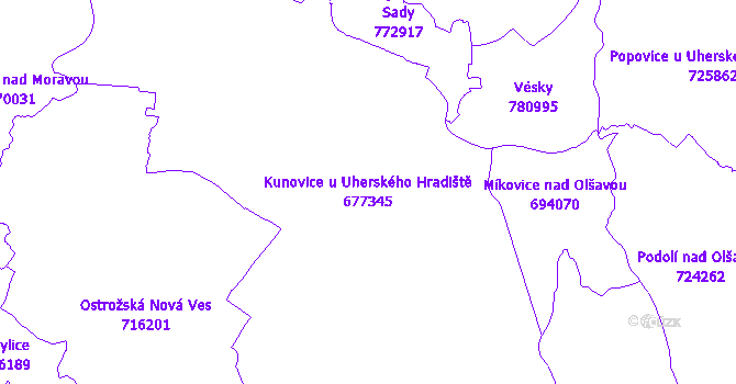 Katastrální mapa Kunovice u Uherského Hradiště - přehledová mapa katastrálního území