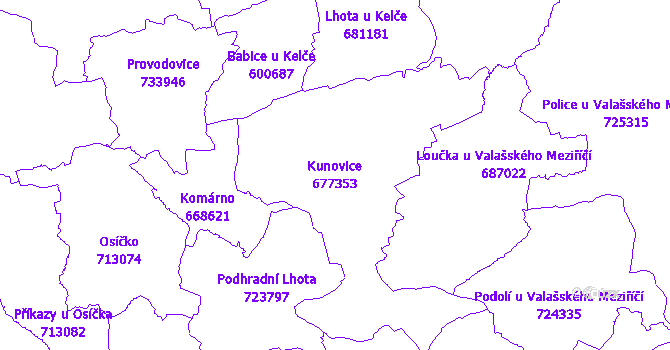 Katastrální mapa Kunovice - přehledová mapa katastrálního území
