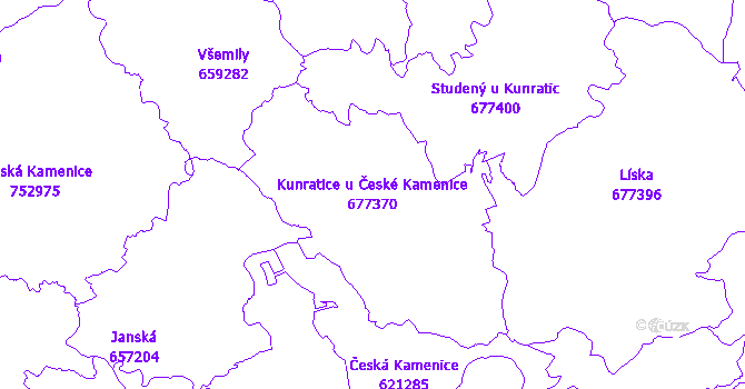 Katastrální mapa Kunratice u České Kamenice - přehledová mapa katastrálního území