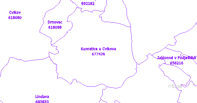 Katastrální mapa Kunratice u Cvikova - přehledová mapa katastrálního území