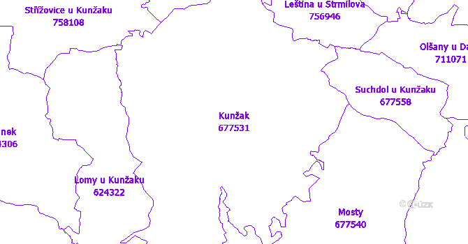Katastrální mapa Kunžak - přehledová mapa katastrálního území