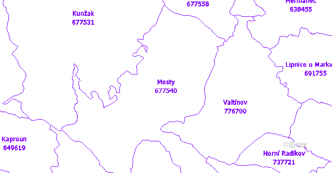Katastrální mapa Mosty - přehledová mapa katastrálního území