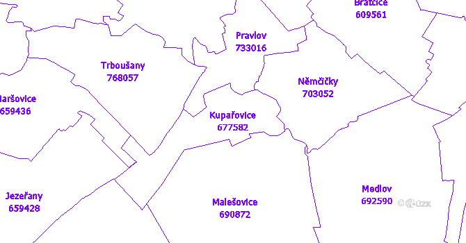 Katastrální mapa Kupařovice - přehledová mapa katastrálního území
