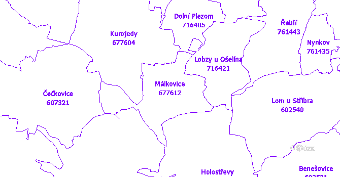 Katastrální mapa Málkovice - přehledová mapa katastrálního území