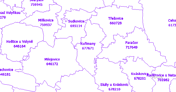 Katastrální mapa Kuřimany - přehledová mapa katastrálního území