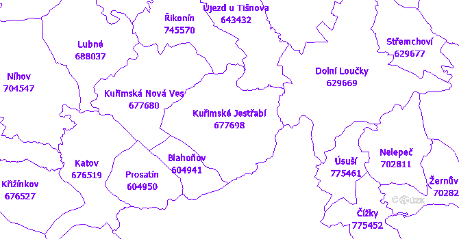 Katastrální mapa Kuřimské Jestřabí - přehledová mapa katastrálního území