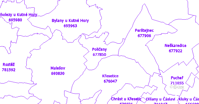 Katastrální mapa Poličany - přehledová mapa katastrálního území