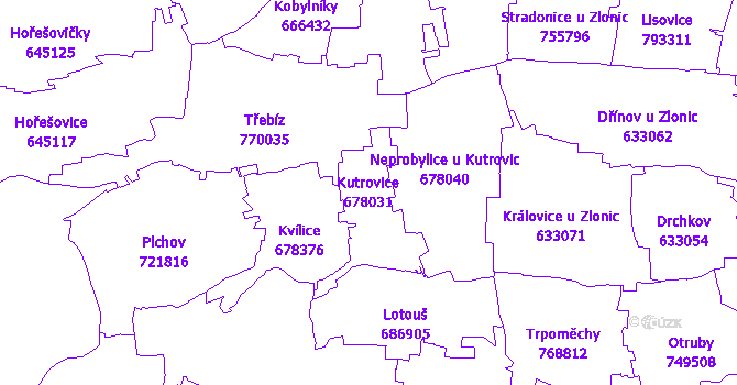 Katastrální mapa Kutrovice - přehledová mapa katastrálního území