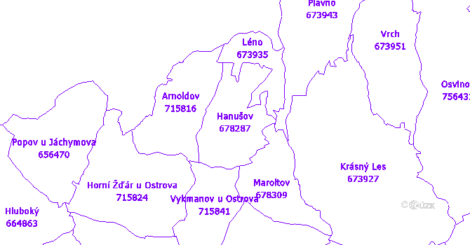 Katastrální mapa Hanušov - přehledová mapa katastrálního území