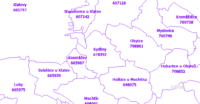 Katastrální mapa Kydliny - přehledová mapa katastrálního území