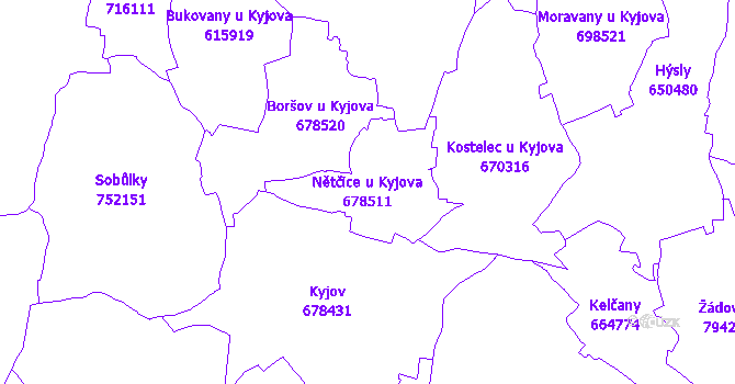 Katastrální mapa Nětčice u Kyjova - přehledová mapa katastrálního území
