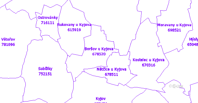 Katastrální mapa Boršov u Kyjova - přehledová mapa katastrálního území