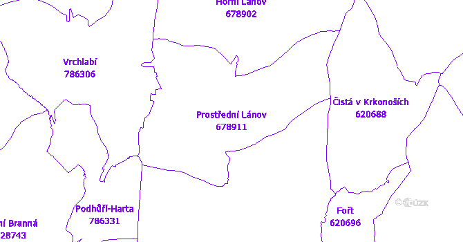 Katastrální mapa Prostřední Lánov - přehledová mapa katastrálního území