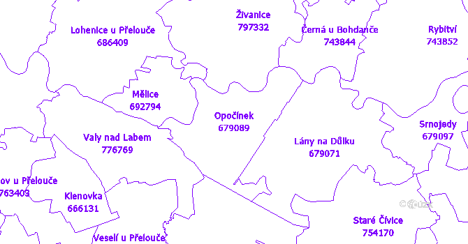 Katastrální mapa Opočínek - přehledová mapa katastrálního území