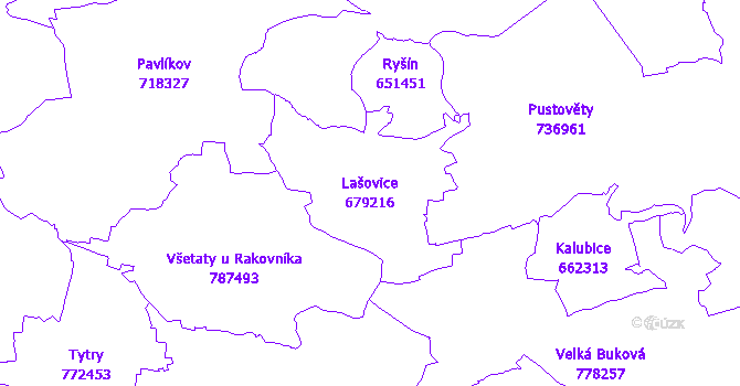Katastrální mapa Lašovice - přehledová mapa katastrálního území
