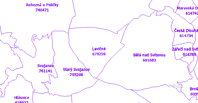 Katastrální mapa Lavičné - přehledová mapa katastrálního území