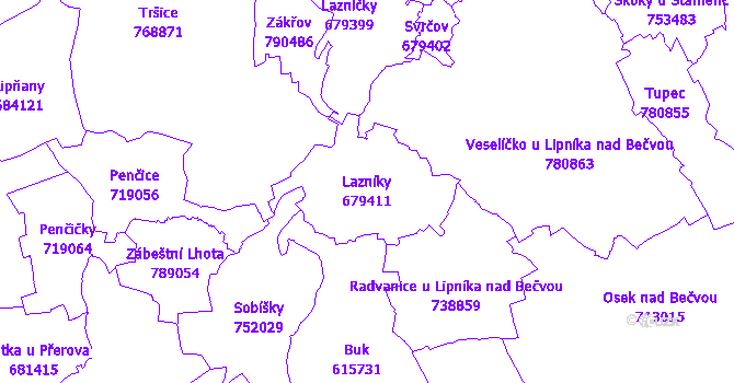 Katastrální mapa Lazníky - přehledová mapa katastrálního území
