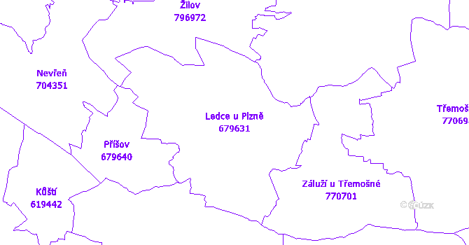 Katastrální mapa Ledce u Plzně - přehledová mapa katastrálního území