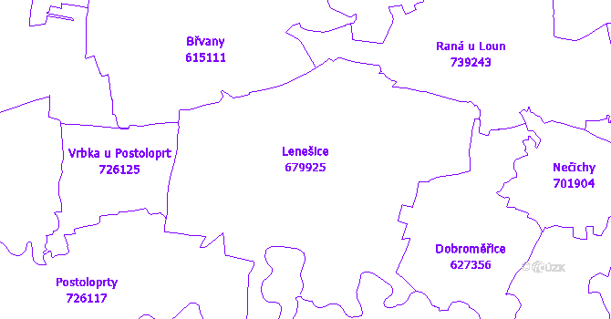 Katastrální mapa Lenešice - přehledová mapa katastrálního území