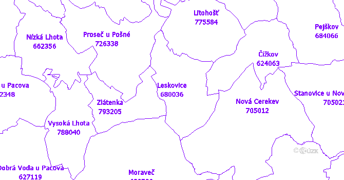 Katastrální mapa Leskovice - přehledová mapa katastrálního území