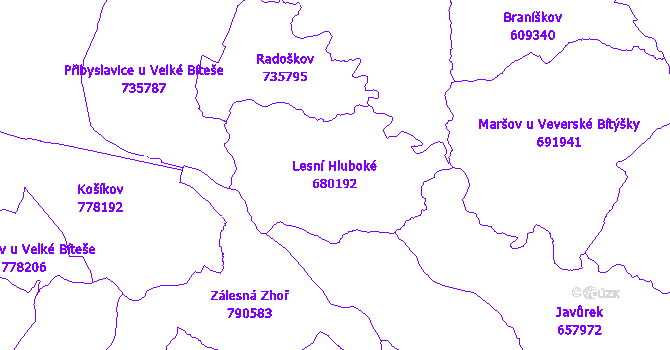Katastrální mapa Lesní Hluboké - přehledová mapa katastrálního území