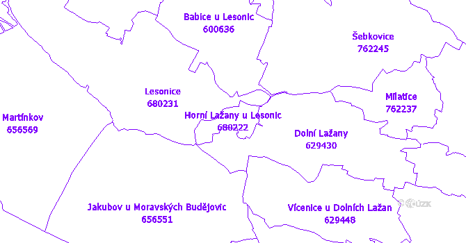 Katastrální mapa Horní Lažany u Lesonic - přehledová mapa katastrálního území