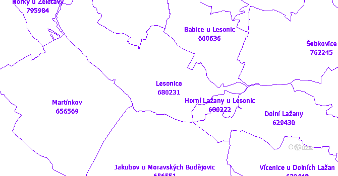 Katastrální mapa Lesonice - přehledová mapa katastrálního území