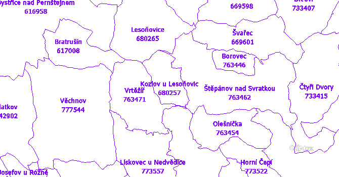 Katastrální mapa Kozlov u Lesoňovic - přehledová mapa katastrálního území