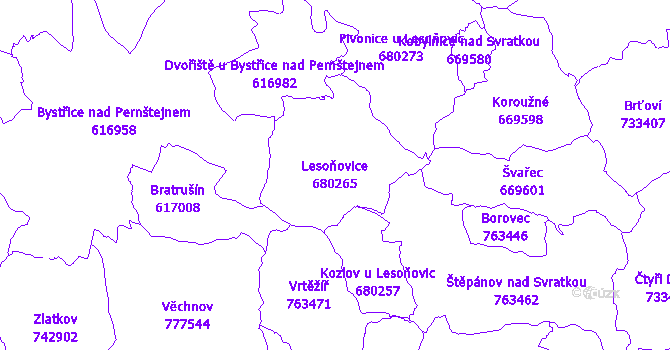 Katastrální mapa Lesoňovice - přehledová mapa katastrálního území