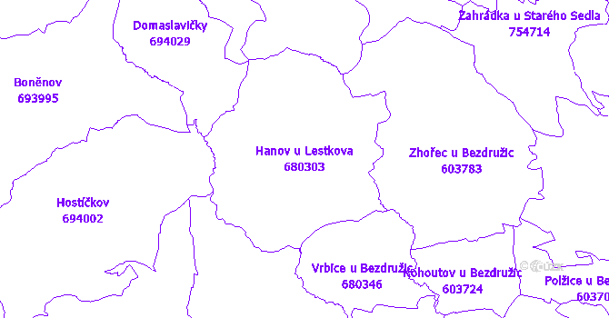 Katastrální mapa Hanov u Lestkova - přehledová mapa katastrálního území