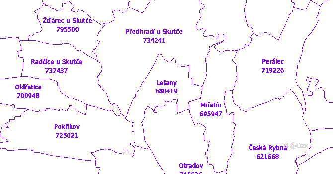 Katastrální mapa Lešany - přehledová mapa katastrálního území