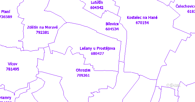 Katastrální mapa Lešany u Prostějova