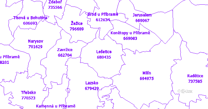 Katastrální mapa Lešetice - přehledová mapa katastrálního území