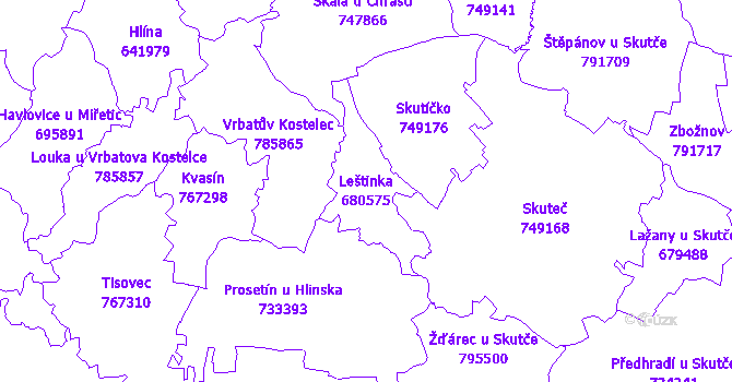 Katastrální mapa Leštinka - přehledová mapa katastrálního území