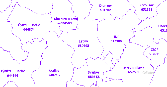 Katastrální mapa Letiny - přehledová mapa katastrálního území